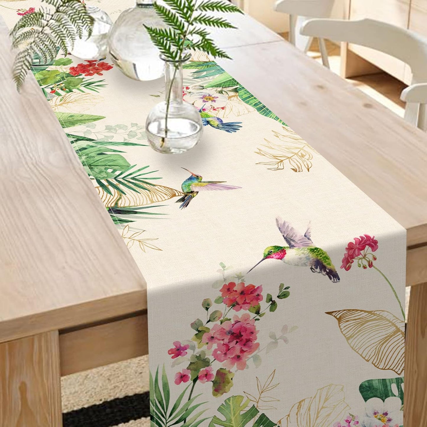Seliem Summer Tropical Hummingbird Palm Leaf Greenery Table Runner, Spring Birds Home Kitchen Monstera Geranium Flowers Dining Decor, Seasonal Burlap Decorations Anniversary Party Supply 13 x 48 Inch