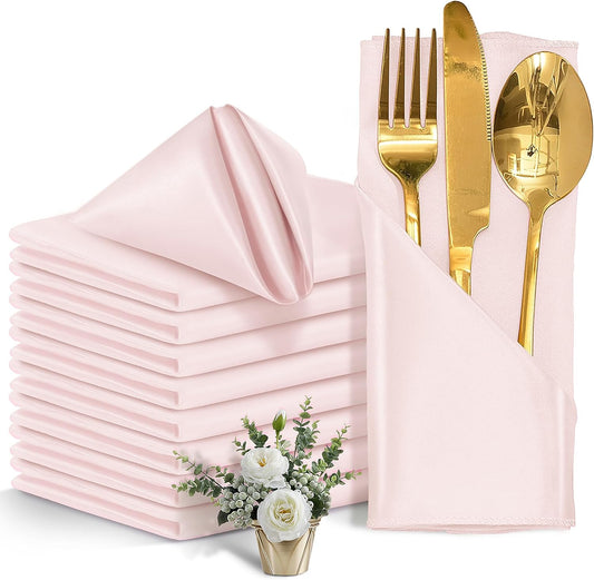 12 Pieces Light Pink Satin Napkins, 17" x 17" Square Table Napkins, Silky Soft Smooth Washable Napkins for Restaurant, Weddings, Dinner, Party Decoration