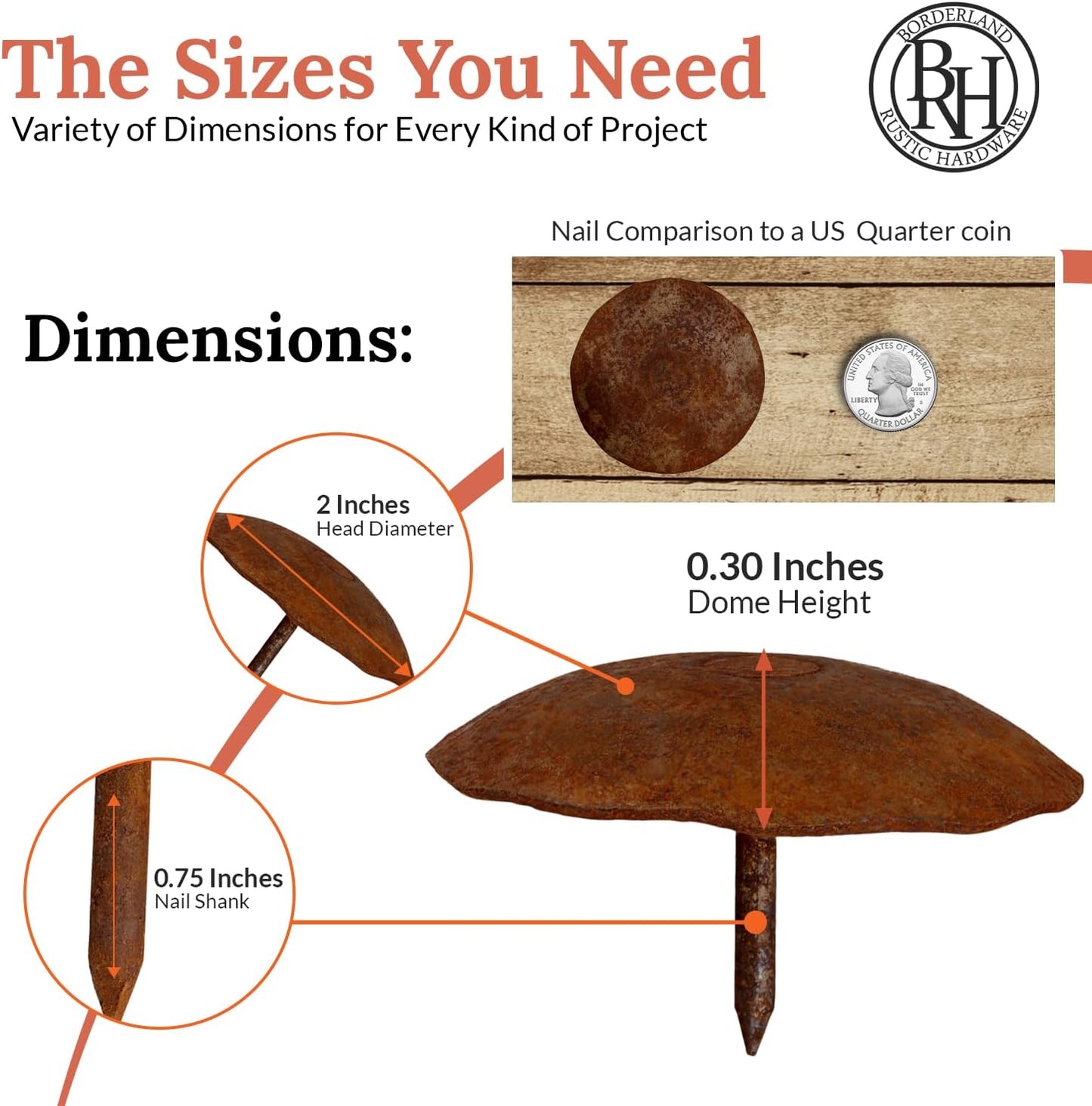 10 Pack 2" Round Head Iron Clavos Decorative Nails – Rusted – Handmade Rustic Round Fasteners for Farmhouse Shutters, Faux Wood Beams, Barn Doors, Shutters, Gates – Ornamental Wood Accent