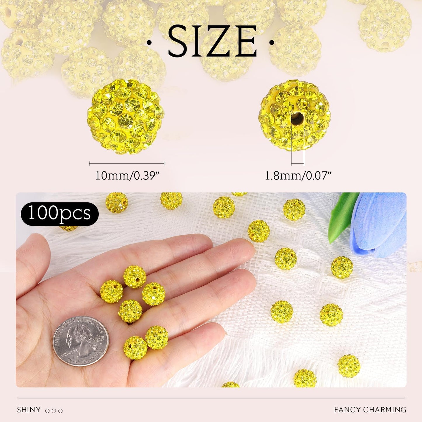 100 pcs 10mm Rhinestone Beads for Jewelry Making, Yellow Shiny Round Shamballa Disco Beads Bulk, Sparkle Crystal Clay Christmas for Bracelet Baseball Necklace Earring Crafting and DIY