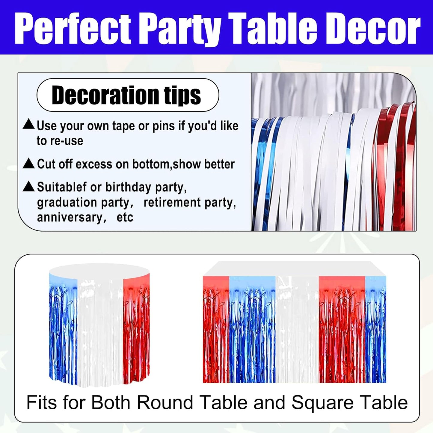 3 Pack 29x108 Inch White Blue Red Foil Fringe Table Skirts Metallic Banner for Tinsel Streamer Garland Backdrop for Parade Floats Wedding Thanksgiving Birthday Christmas Halloween Party Decoration