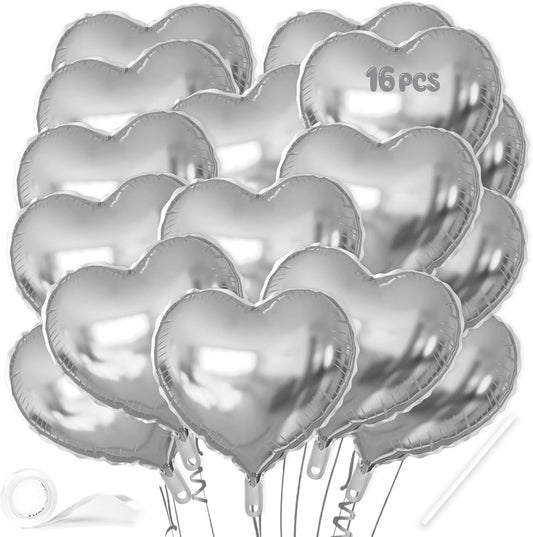 16 Pcs Heart Balloons, 18 Inch Silver Love Heart Shaped Foil Balloons for Wedding Anniversary Birthday Party Valentine Decorations Baby Shower Bridal Shower Engagement Decorations Supplies