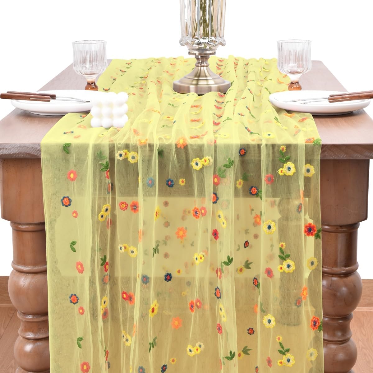 Joanlody Yellow Embroidery Daisy Fall Thanksgiving Table Runner Florals Seasonal Tulle Table Runner Holiday Kitchen Dining Table Decoration Wedding Party