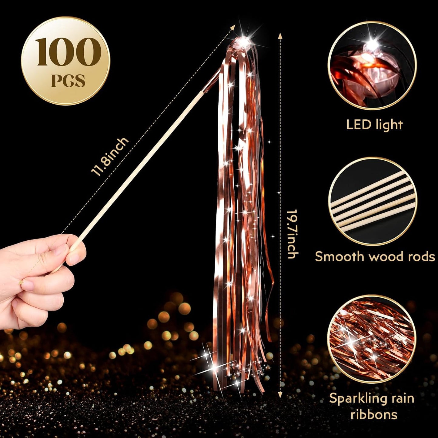 100 pcs Wedding Wands Light up with LED Tinsel Wedding Streamers for Wedding Send off and Greeting Ideal Props for Weddings, Birthday Parties, Christmas Cheerleading Games (Rose Gold)