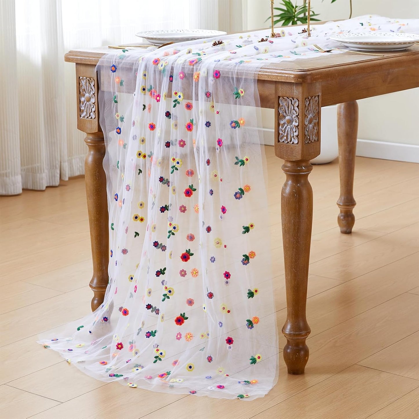 JIALE Ivory Floral Table Runner, Embroidery Daisy Seasonal Table Decorations, 120Inch 10FT 1PC Tulle Fabric for Home Decor, Bridal Shower Wedding, Baby Shower Parties, DIY Craft