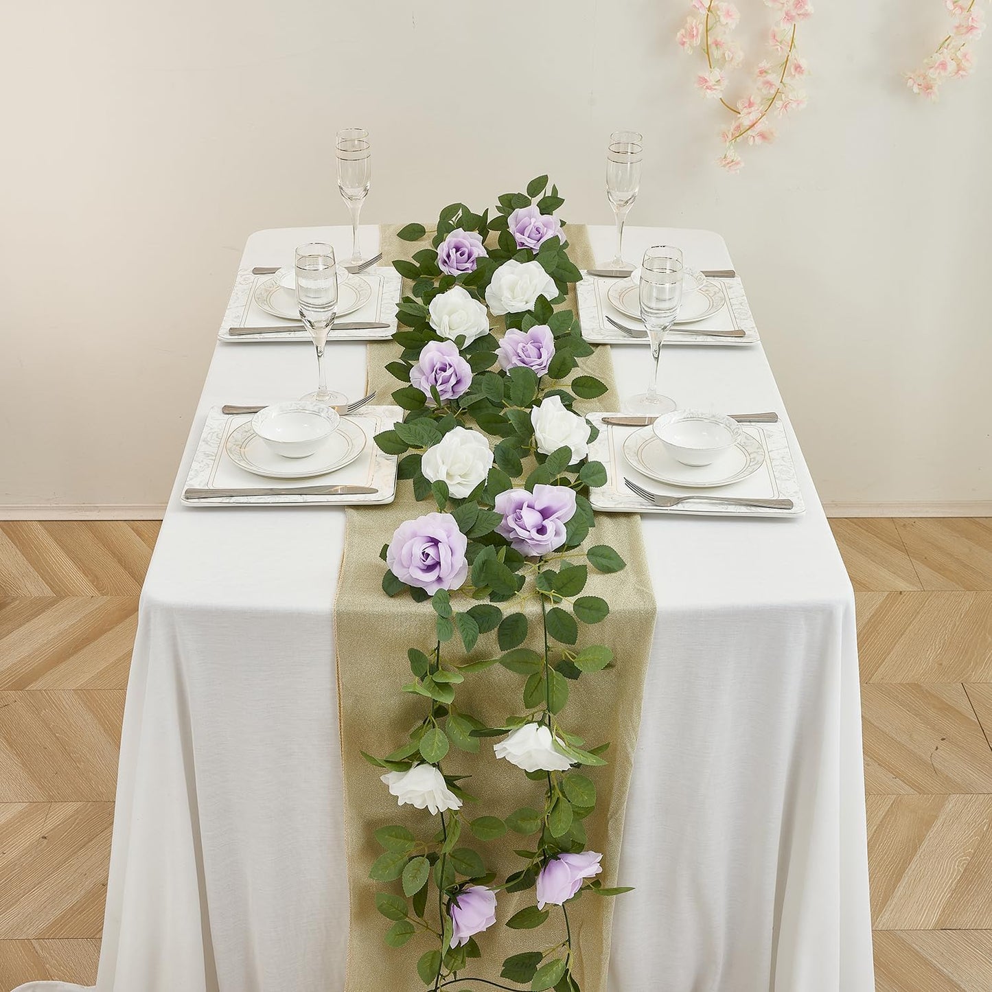 Lavender Artificial Rose Garlands Rose Vines Leaves Banners Hanging Floral Garland Fake Rose Flower Vine for Wedding Arch Ceremony Home Garden Outdoor Party Wall Decorations