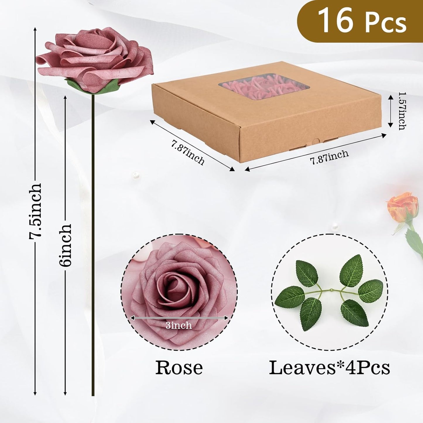 BLEUM CADE 16Pcs Artificial Flowers Fake Roses with Stems, Gradient Dusty Rose Boxed Foam Roses for DIY Bouquets Centerpieces Wedding Party Arrangement Bridal Shower Decor