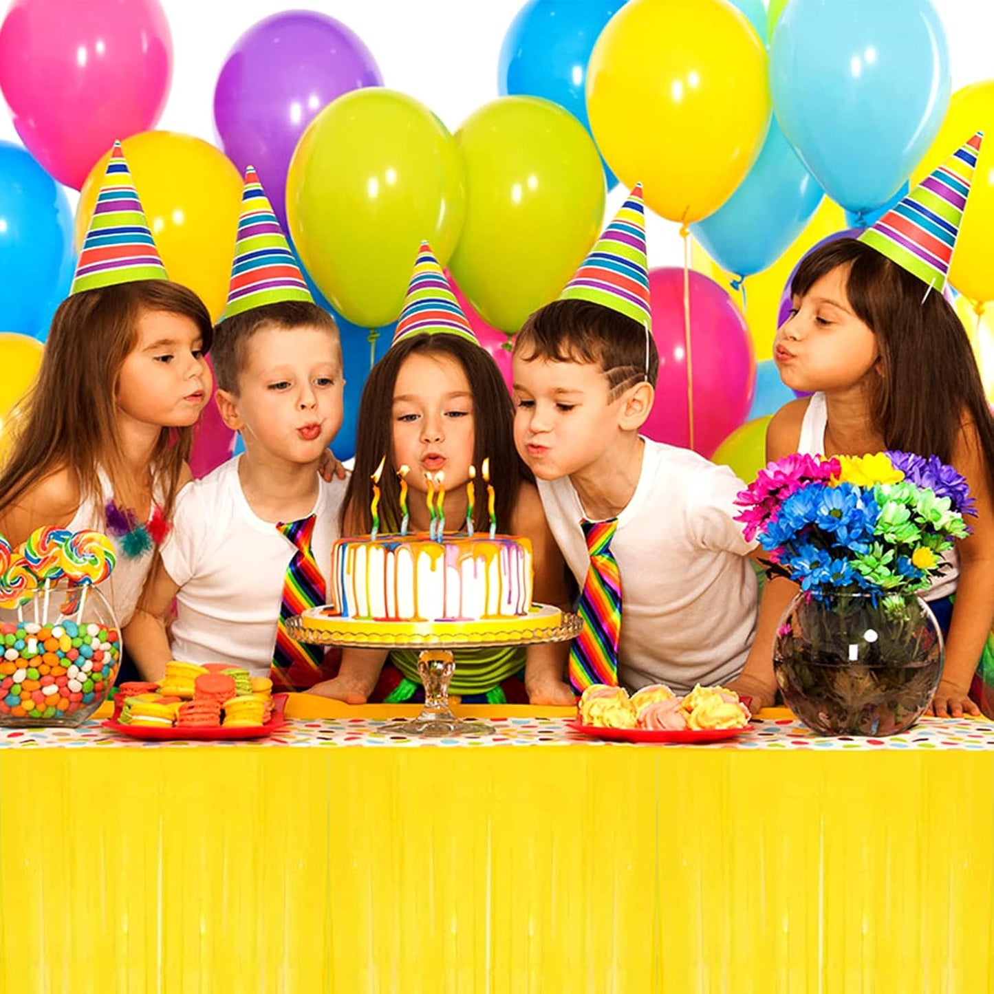 4 Pack 29x108 Inch Metallic Foil Fringe Tinsel Table Skirts for Rectangle Tables Streamer Backdrop for Wedding, Birthday, Parade Floats, Christmas, Halloween Party Decoration(New Yellow)