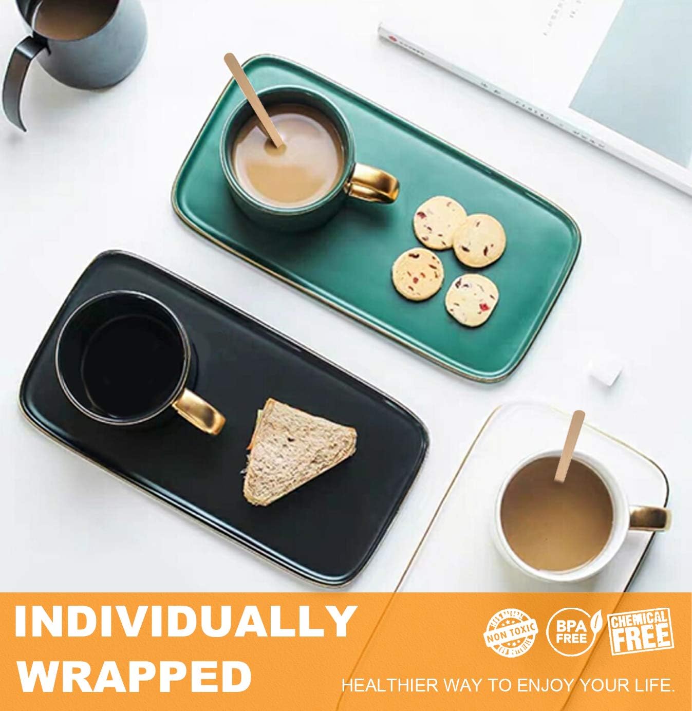 1000Pcs Disposable Wood Coffee Stir Sticks Stirrers Individually Paper Wrapped Coffee Tea Beverage Stirrers Stirrings 7.5 Inch,190mm