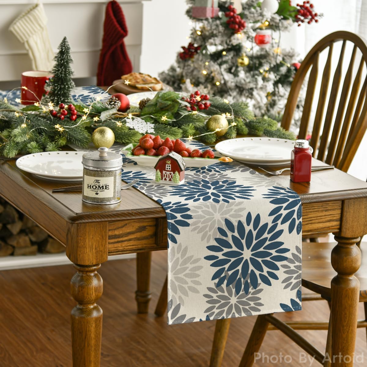 Artoid Mode Dahlia Aqua Floral Pinnata Flower Winter Table Runner, Seasonal Summer Holiday Kitchen Dining Table Decoration for Home Party Decor 13x36 Inch