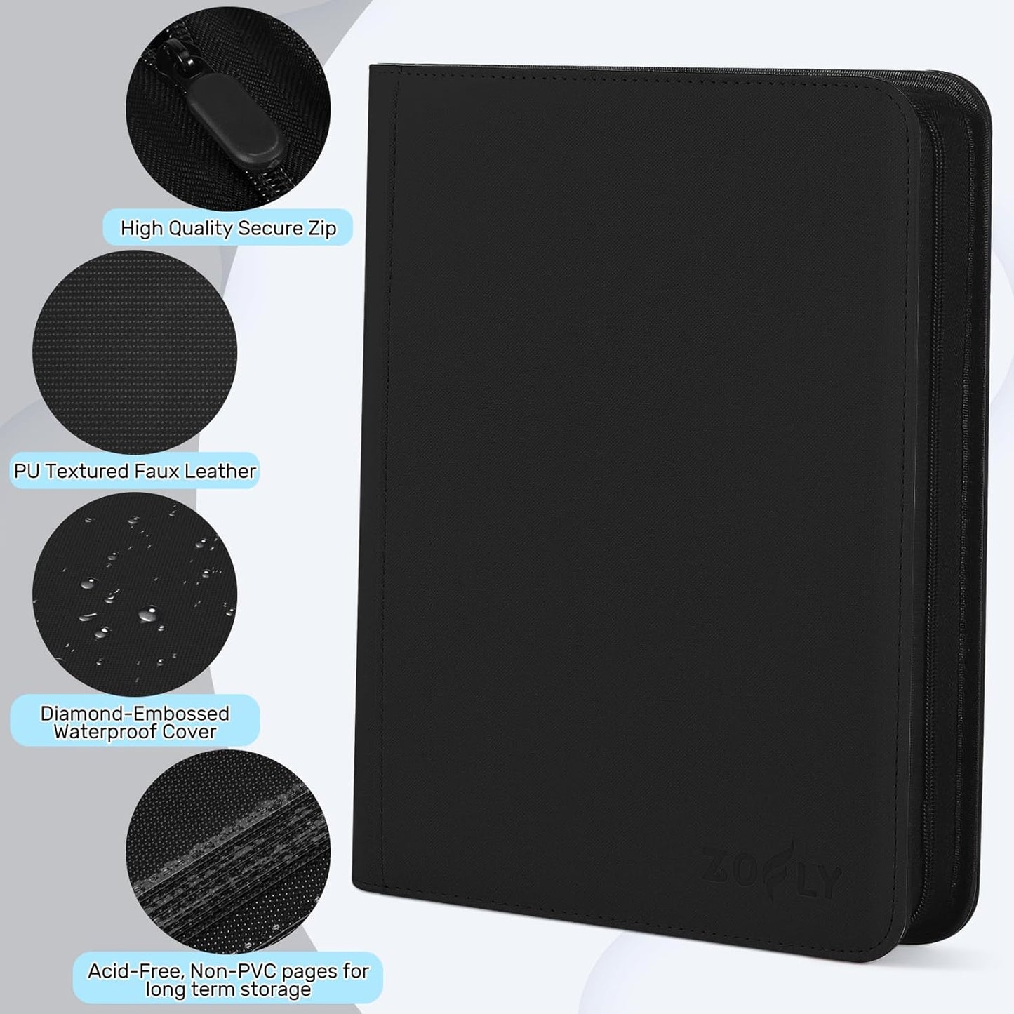 1000+ Pockets Trading Card Binder, 16 Pockets Zipper Binder Card Album, 32 Pack Double-sided Side Loading Non-Ring Card Binder, Card Holder Folders for MTG, TCG, Game Cards & Sports Cards, Black