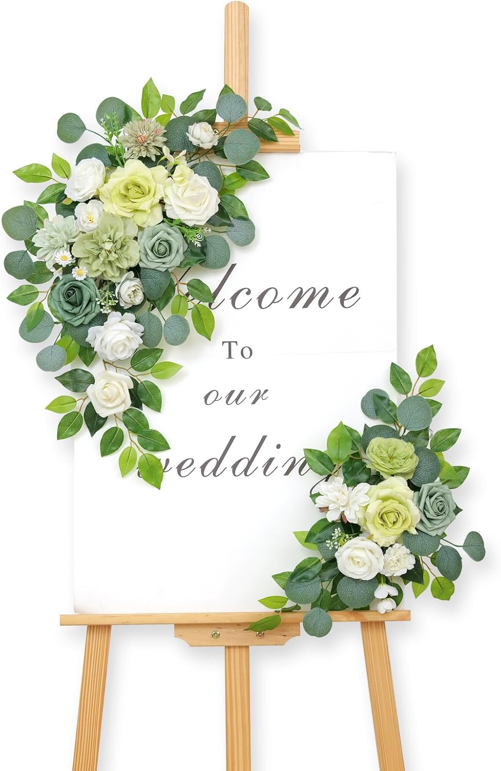 Pack of 2 Artificial Flowers for Backdrop Decoration, Wedding Arch Flowers,Reception Welcome Sign, Eucalyptus Garland, Suited to Aisle Decor and Wedding Arches（White Green）