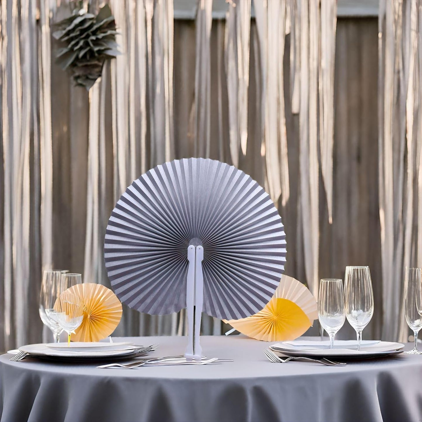 12 Packs Decorative Paper Folding Hand Fans Handheld,Silver Round Foldable Wedding Fans Chinese and Japanese Fans Bulk for Bridal Guest Church Party Favors Dancing Birthday DIY