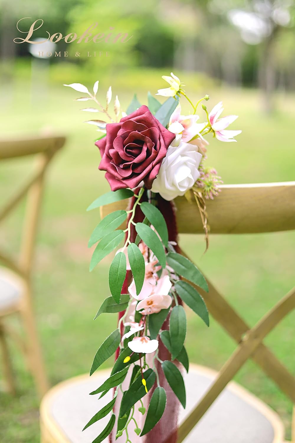 Lookein Wedding Aisle Chair Decorations Set of 8 Pew Flowers with Tails for Wedding Ceremony Chair Decorations, Marsala