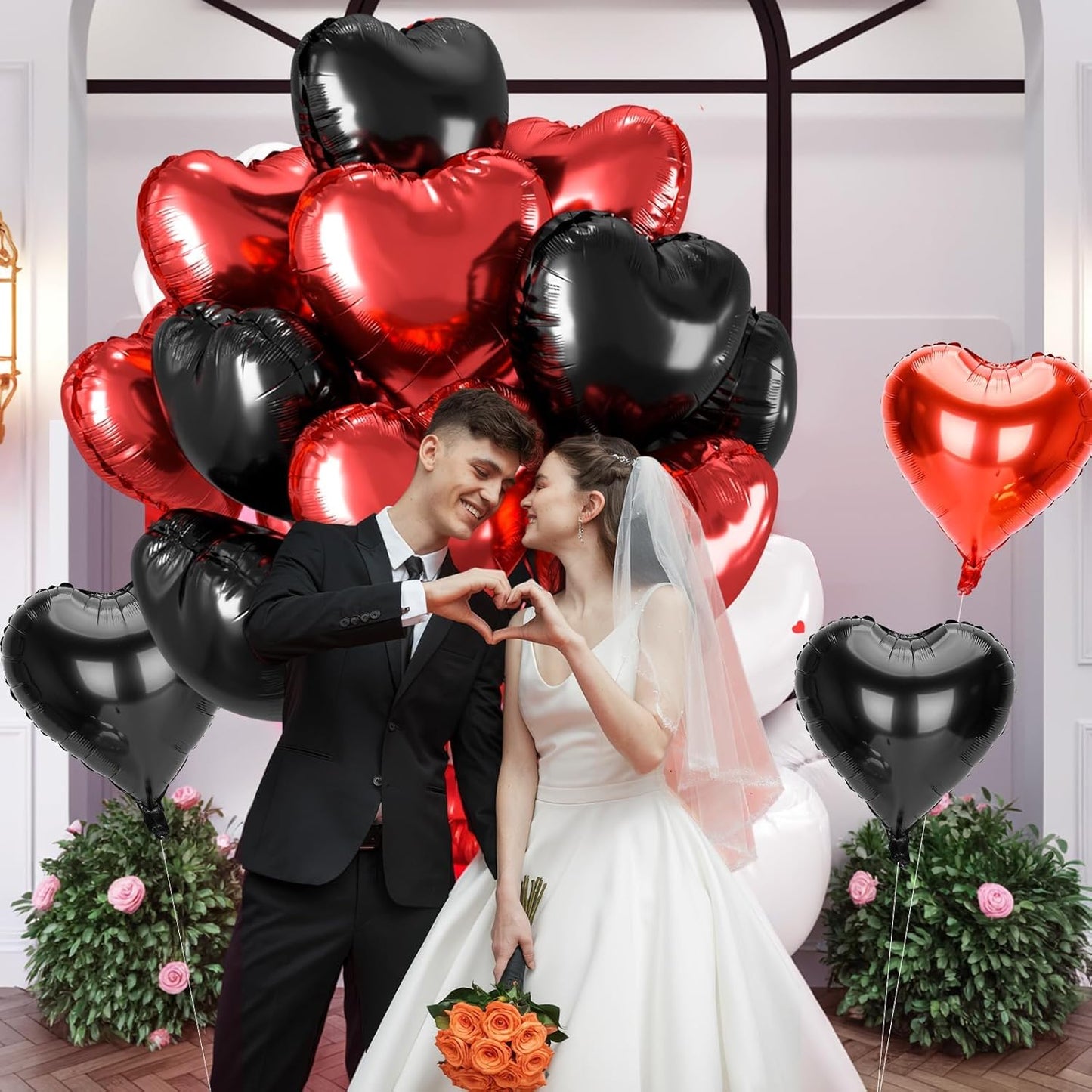 12 Pcs Heart Balloons, 18 inch Valentine's Day Heart Shaped Balloons, Red Black Foil Helium Balloon, Love Foil Balloon for Valentine's Day Wedding Baby Shower Party Decorations
