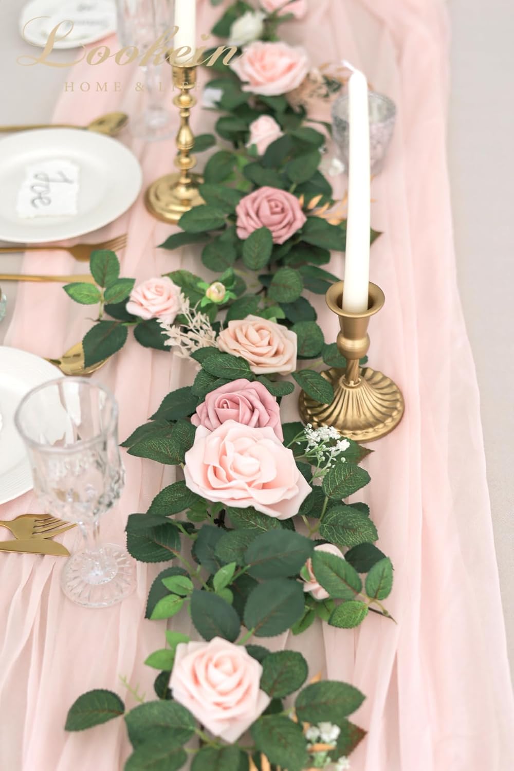 Lookein Artificial Rose Flower Garland Greenery Garland 5FT for Wedding Ceremony Backdrop Arch Flowers Table Centerpieces Decorations, Romantic Blush