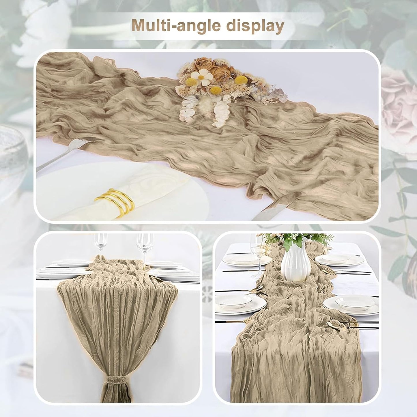 1 Pack Khaki Cheesecloth Table Runner 35x120 Inch 10Ft Rustic Gauze Cheese Cloth Table Runner Sheer Cheesecloth Table Runners for Wedding Party Bridal Shower Decoration