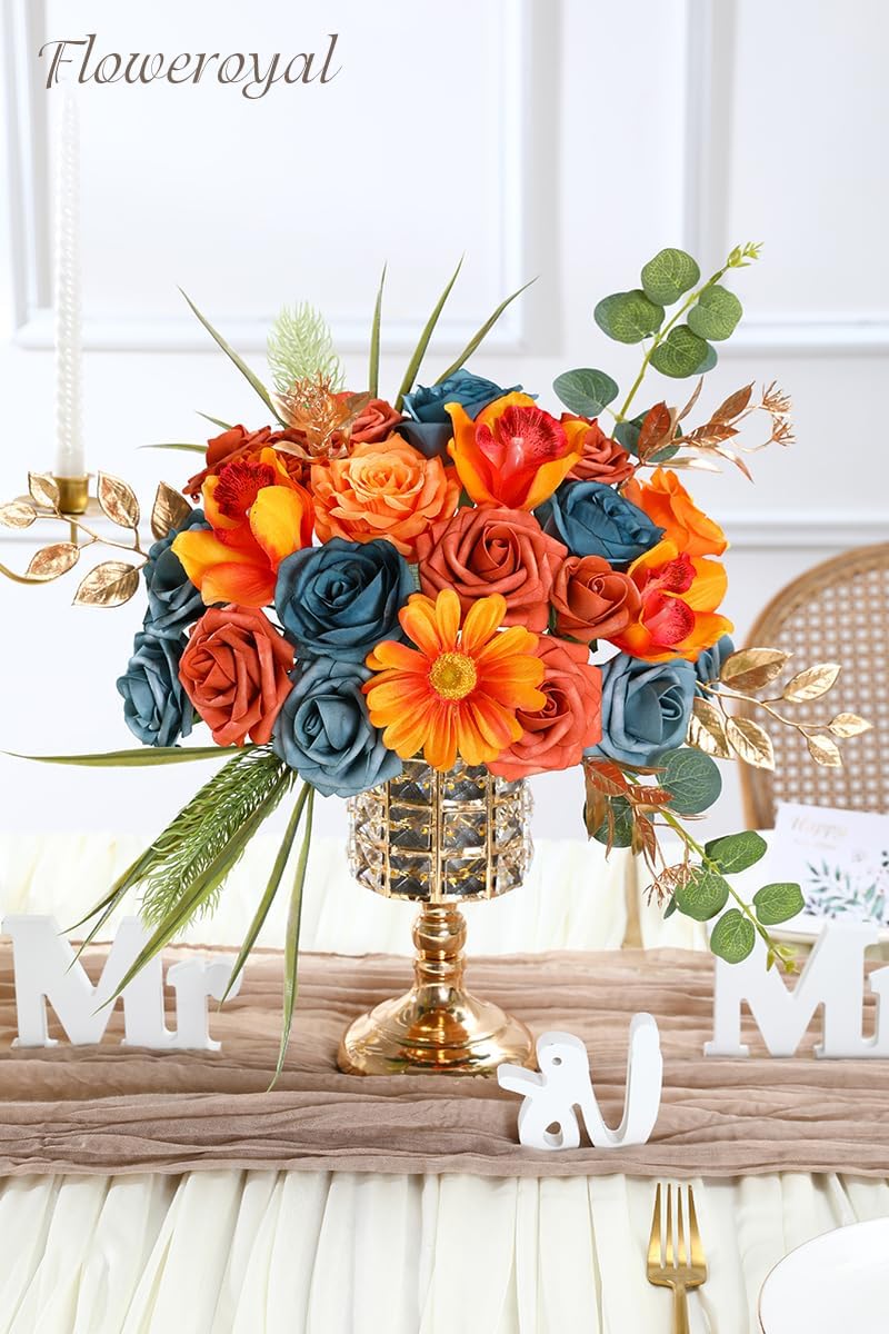 Floweroyal Artificial Flowers Combo Orange Flowers Mix Silk Flowers Fake Roses with Stems for DIY Wedding Bridal Bouquets, Baby Shower, Floral Arrangement, Table Centerpieces, Home Decorations