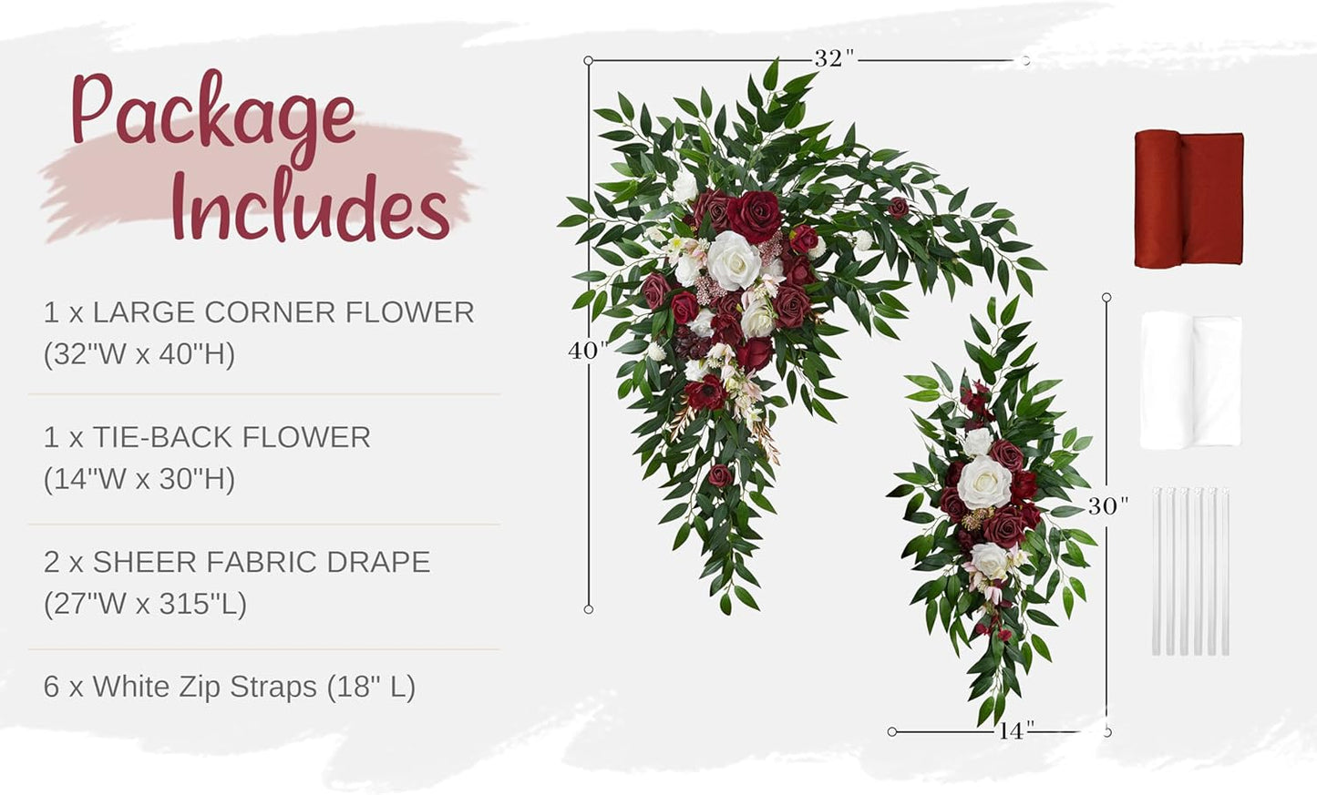 Wedding Arch Flowers with Drapes Kit (Pack of 4) - 2pcs Artificial Christmas Marsala Deluxe Swag with 2pcs Sheer Drapes for Wedding Ceremony Arbor Reception Backdrop Rose Floral Decoration