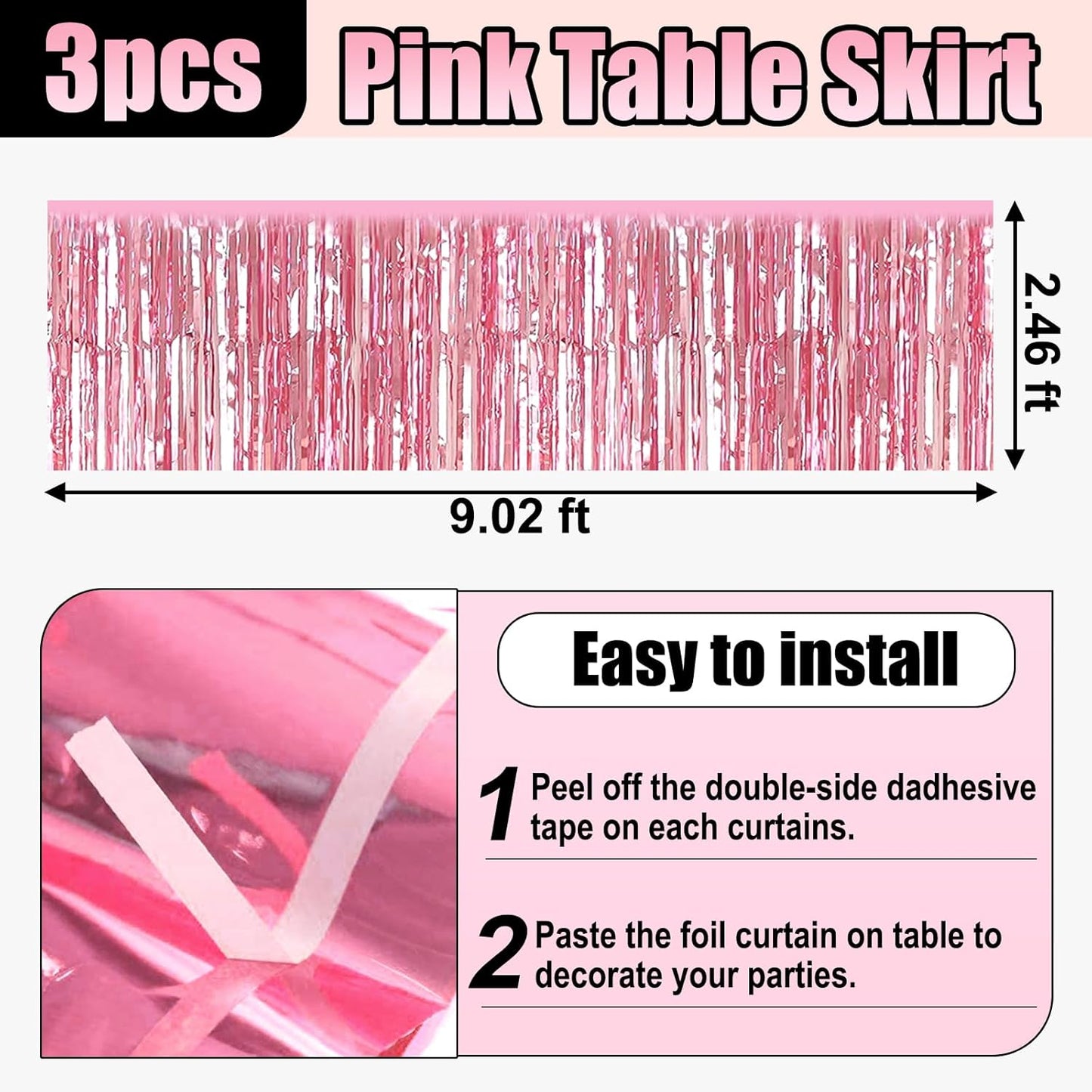 3 Pack 29x108 Inch Pink Foil Fringe Table Skirts Metallic Banner for Tinsel Streamer Garland Backdrop for Parade Floats Wedding Thanksgiving Birthday Christmas Halloween Party Decoration