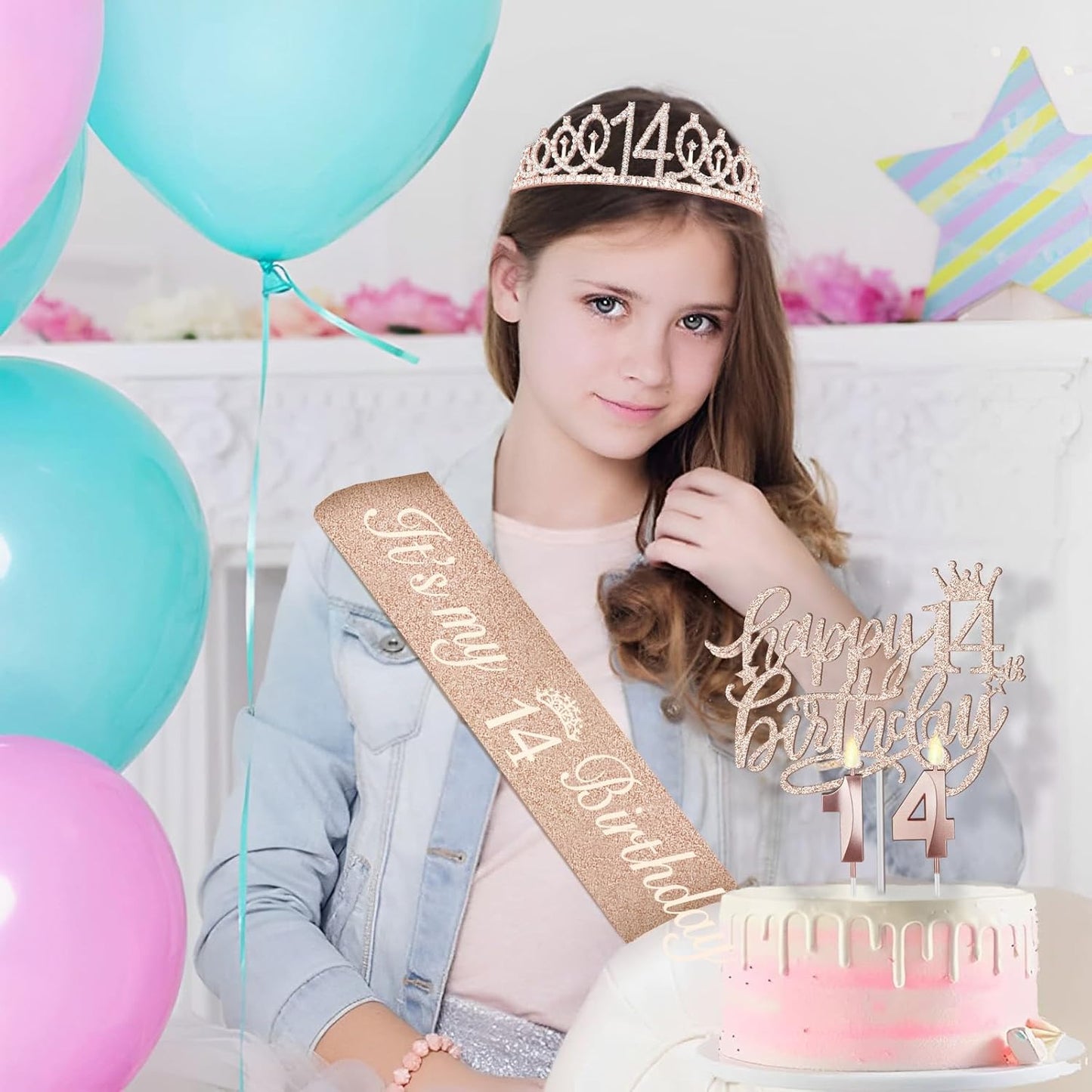 14th Birthday Decorations for Girls Including Birthday Sash and Tiara, Candles and Cake Topper, 14 Year Old Girl Decorations Gifts