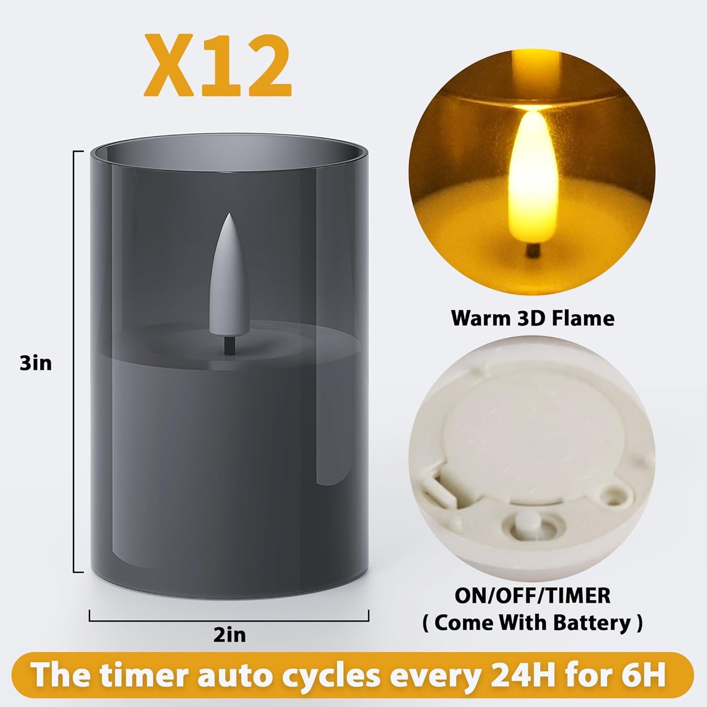12Pack Flickering Flameless LED Candles with Timer, Battery Powered - Small Pillar & Votive, Black (2"X3")