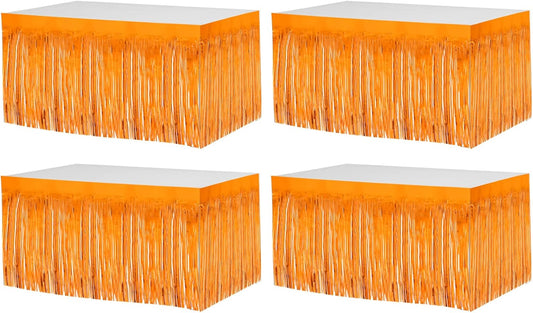 4 Pack 29x108 Inch Metallic Foil Fringe Tinsel Table Skirts for Rectangle Tables Streamer Curtains Backdrop for Wedding, Birthday, Parade Floats, Christmas, Halloween Party Decoration(Orange)