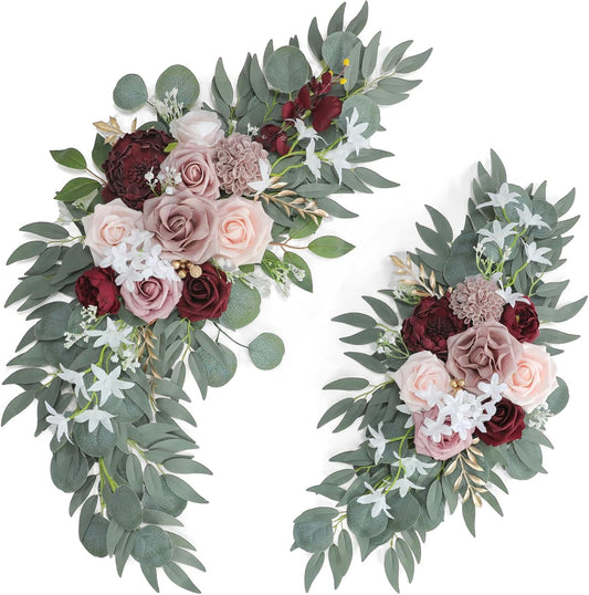 Ponatia Wedding Arch - Artificial Burgundy & Dusty Rose & Blush Flowers (Pack of 2) for Wedding Welcome Signs, Ceremony & Reception
