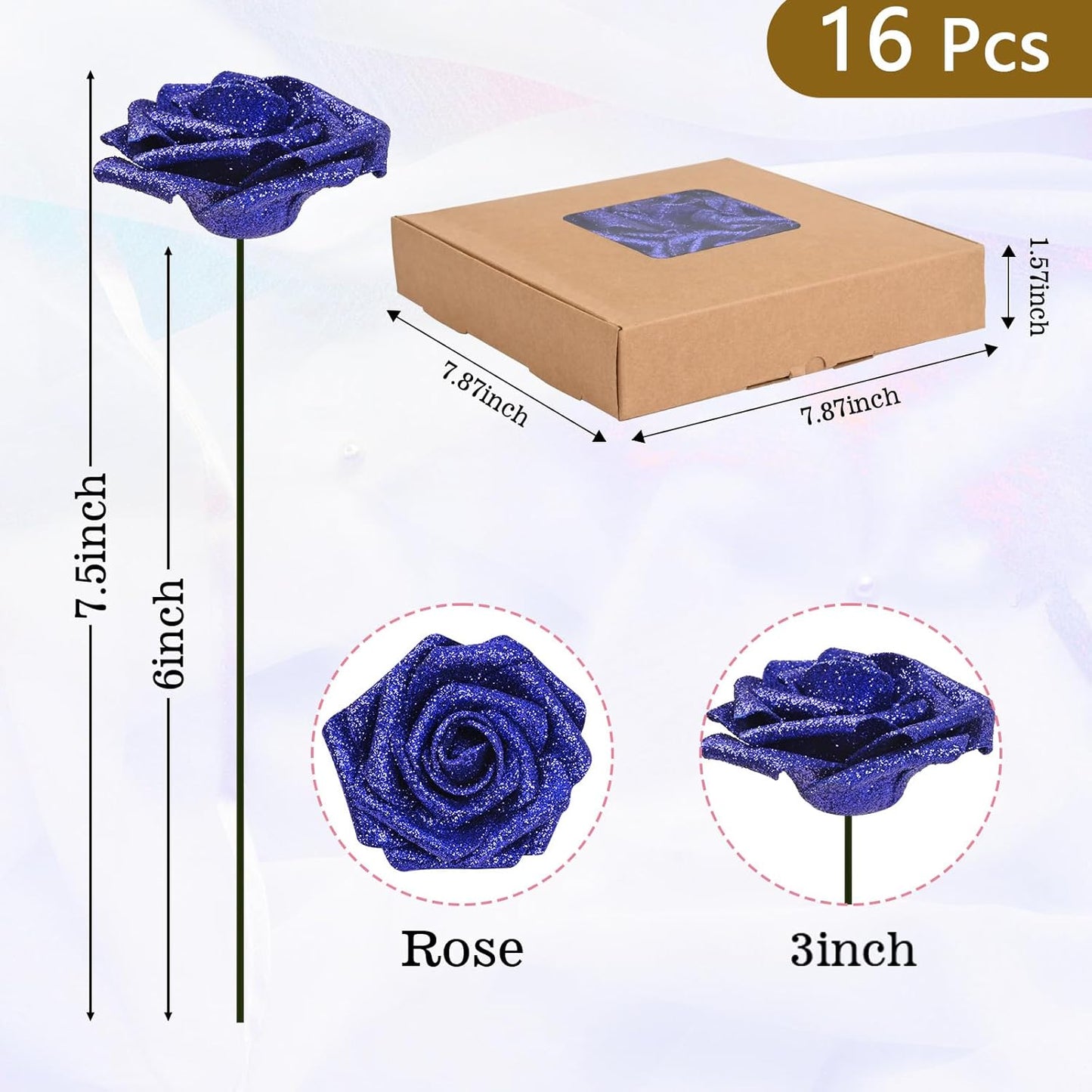 BLEUM CADE 16Pcs Artificial Flowers Fake Roses with Stems, Blue Glitter Boxed Foam Roses for DIY Bouquets Centerpieces Wedding Party Arrangement Bridal Shower Decor