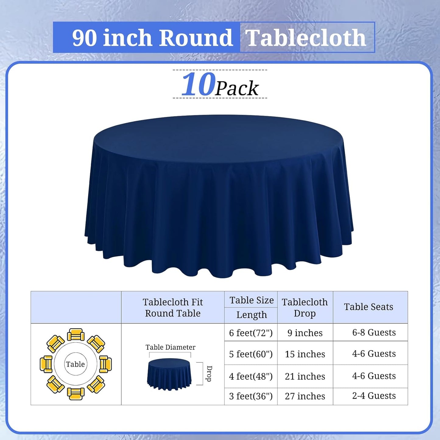 10 Pack Navy Blue 90 Inch Round Polyester Tablecloths - Wrinkle & Stain Resistant, Perfect for Weddings, Parties & Everyday Use