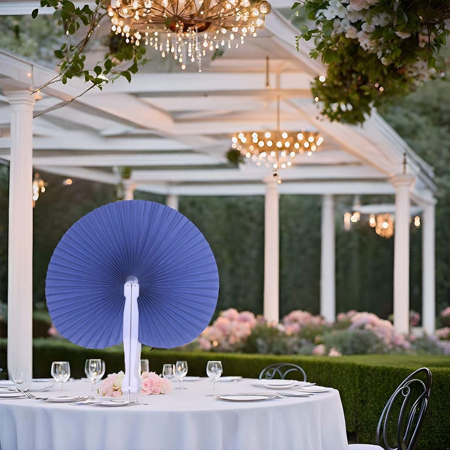 12 Packs Decorative Paper Folding Hand Fans Handheld,Navy Round Foldable Wedding Fans Chinese and Japanese Fans Bulk for Bridal Guest Church Party Favors Dancing Birthday DIY