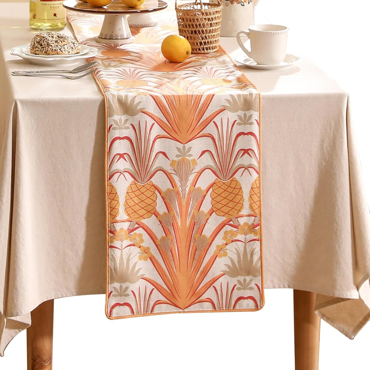 patdrea Designer Tropical Linen Table Runner 102 Inch Long, Yellow Vintage Elegant with Pineapple Pattern Table Mat,Decoration for Kitchen Dining Coffee Table Cover Banquet Christmas , 12"*102"