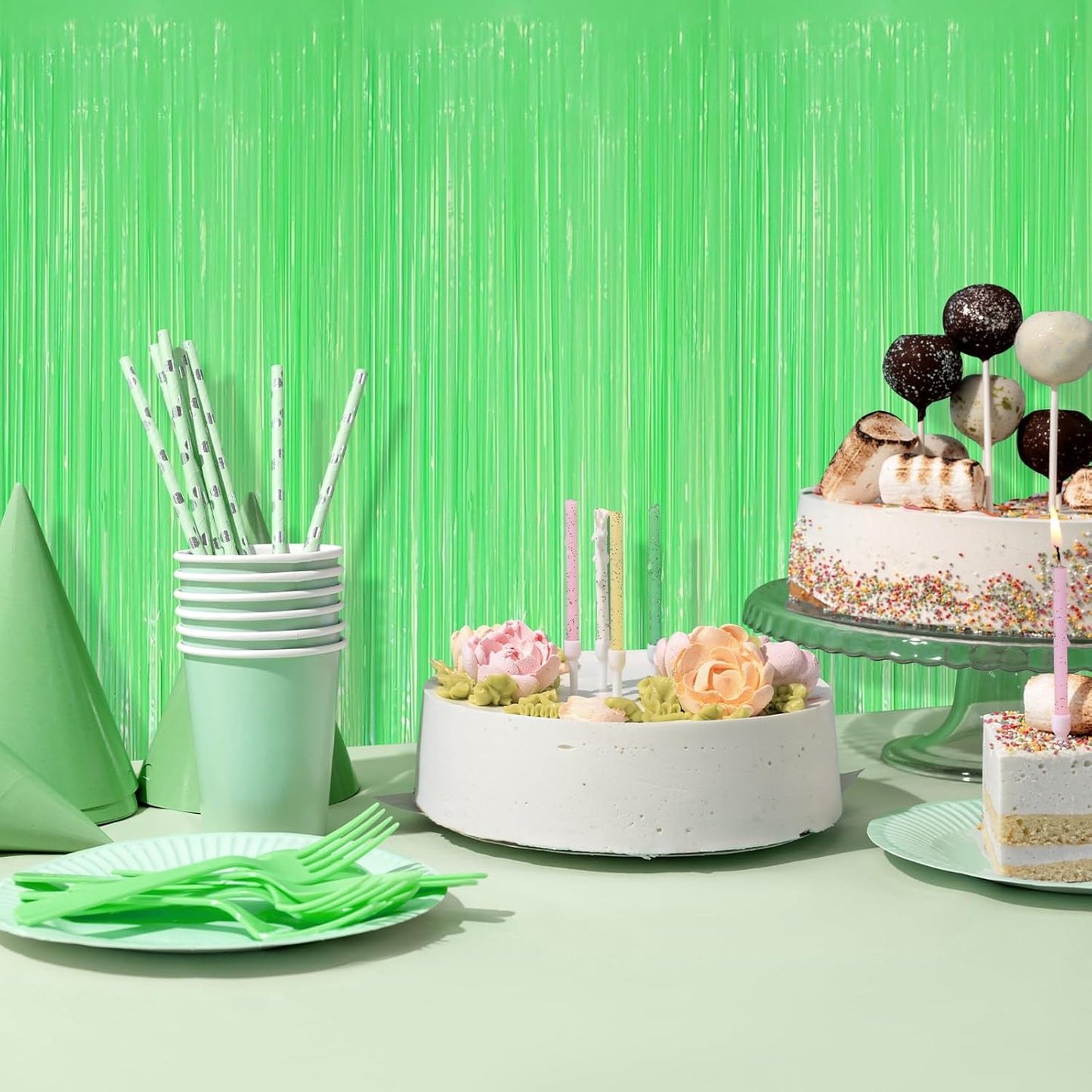 10 Pack Green Foil Curtain Backdrop 3.2ft x 8.2ft Macaron Tinsel Foil Fringe Curtains Streamer Photo Booth Backdrop for Birthday Party Baby Shower Engagement Wedding Holiday Decoration (Macaron Green)