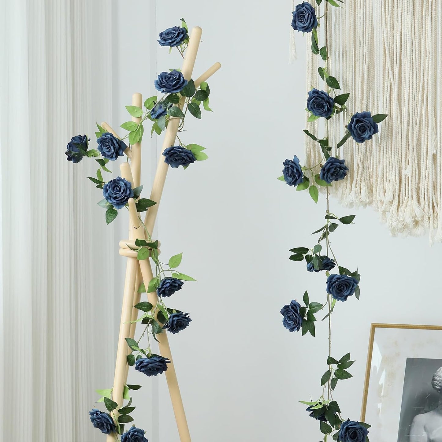 2 Strands 73'' Artificial Silk Rose Flower Vines Garland, Fake Roses Floral Green Leaves Hanging Plant for Wedding Arrangement Decoration, Wall, Party, Bedroom, Home Decor (Blue)