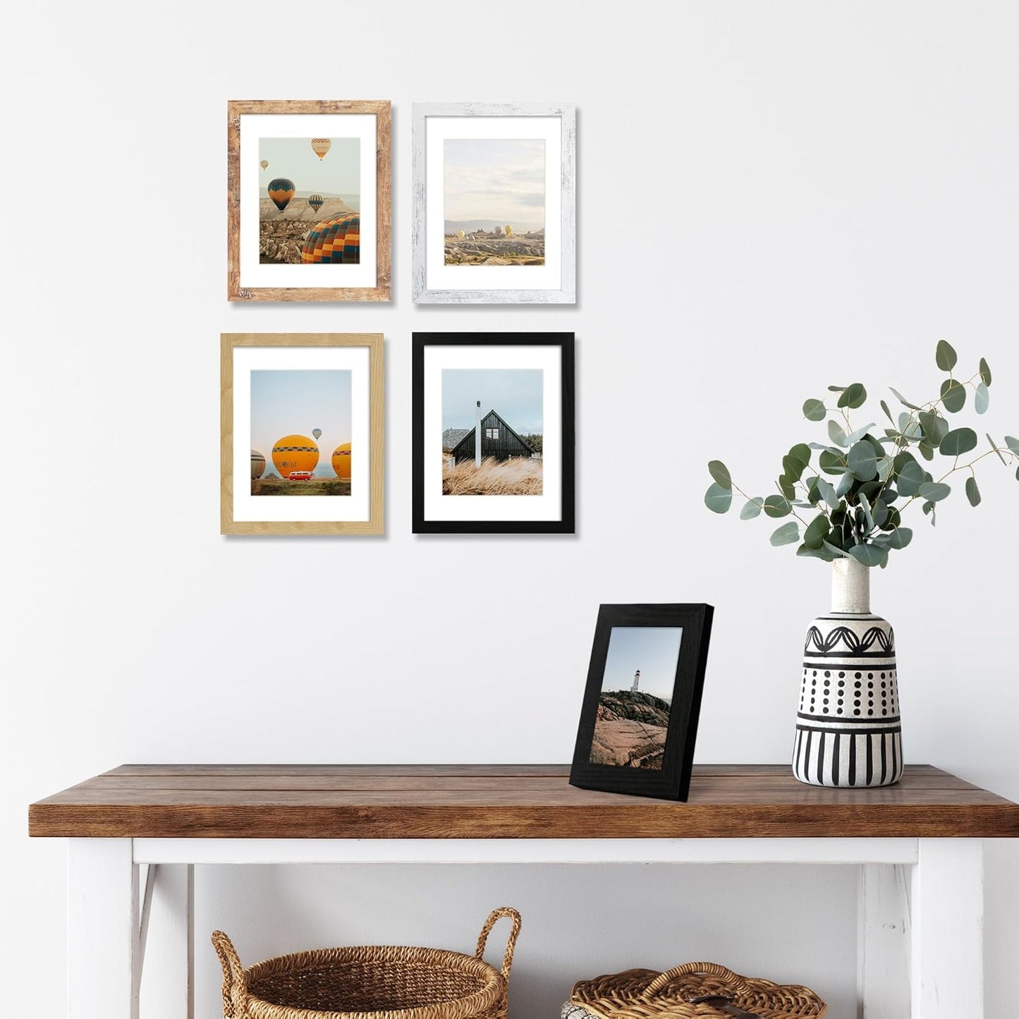 11x14 Picture Frame Set of 4, High Definition Tempered Glass 11 x 14 Frames Display 8x10 Pictures with Mat, Mixed Color Wood Photo Frame Wall Mounting