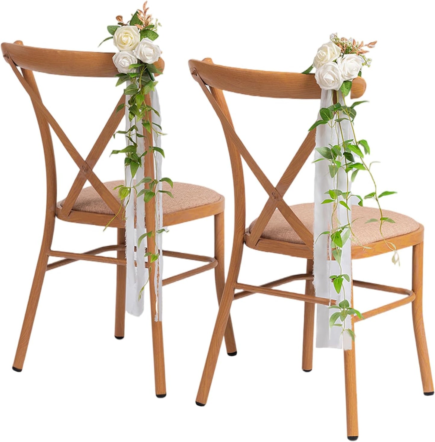 Meldel Wedding Chair Decorations Aisle Floral Set of 10 Artificial Flowers Ivory White Rose Garland with Hanging Ribbions for Ceremony Reception Church Arrangement Party Wedding Pew Decor Flower