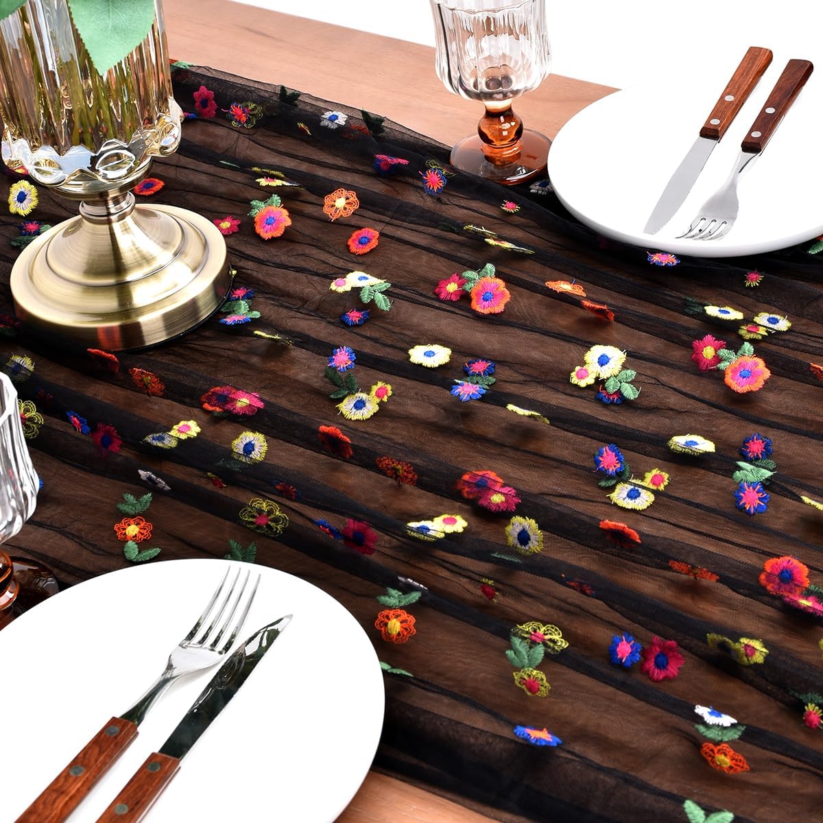 Joanlody Black Embroidery Daisy Fall Thanksgiving Table Runner 10ft Florals Seasonal Tulle Table Runner Holiday Kitchen Dining Table Decoration for Home Party Indoor