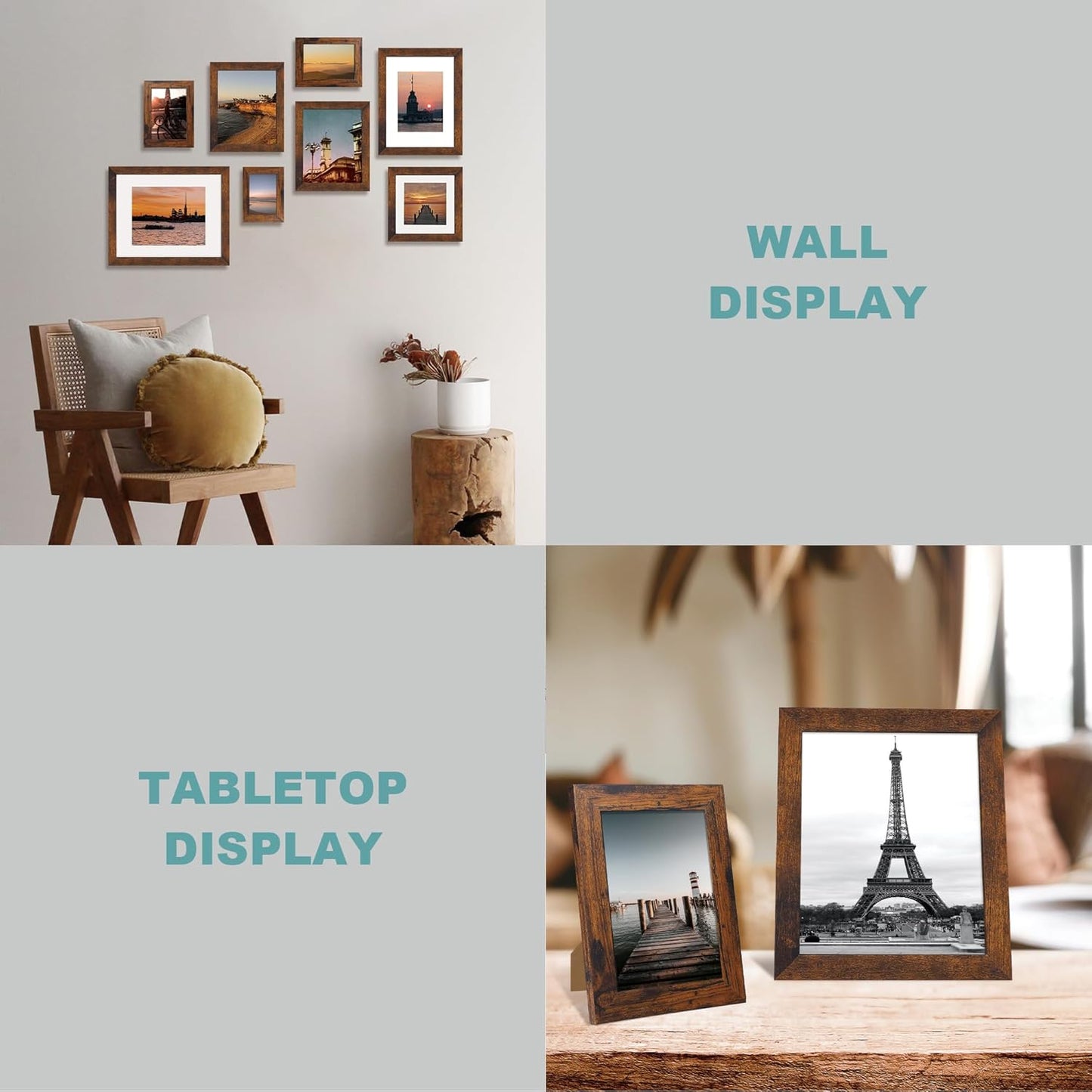 10x10 Picture Frame Set of 4 with Real Glass, Rustic Frames Display 8x8 Picture with Mat or 10 x 10 Without Mat, Wooden Square Photo Frame for Wall Mount and Tabletop Display