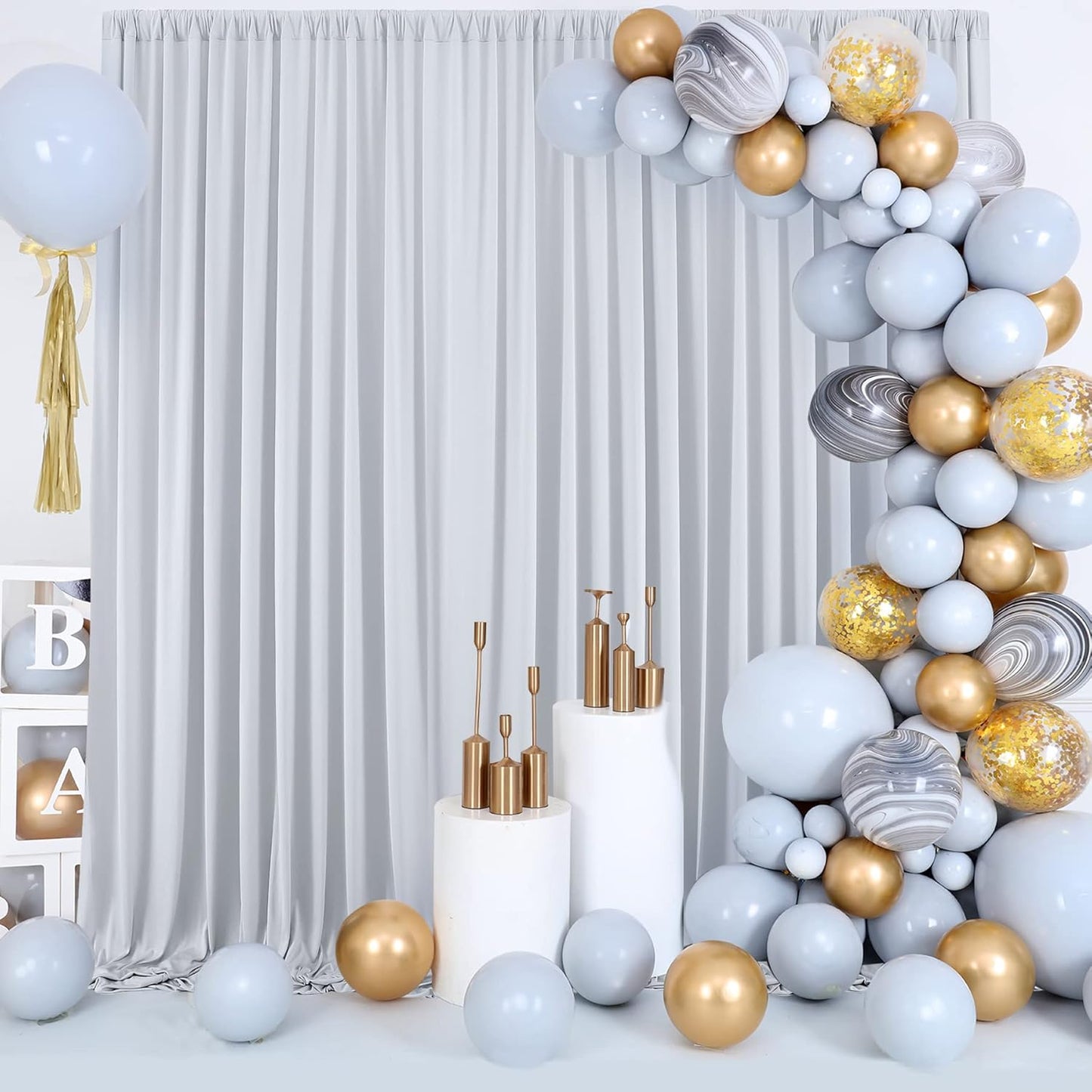 10 ft x 8 ft Wrinkle Free Silver Backdrop Curtain for Parties, Polyester Silver Grey Backdrop Drapes 2 Panels 5x8ft for Baby Shower Photoshoot Engagement Wedding Birthday Photography Background