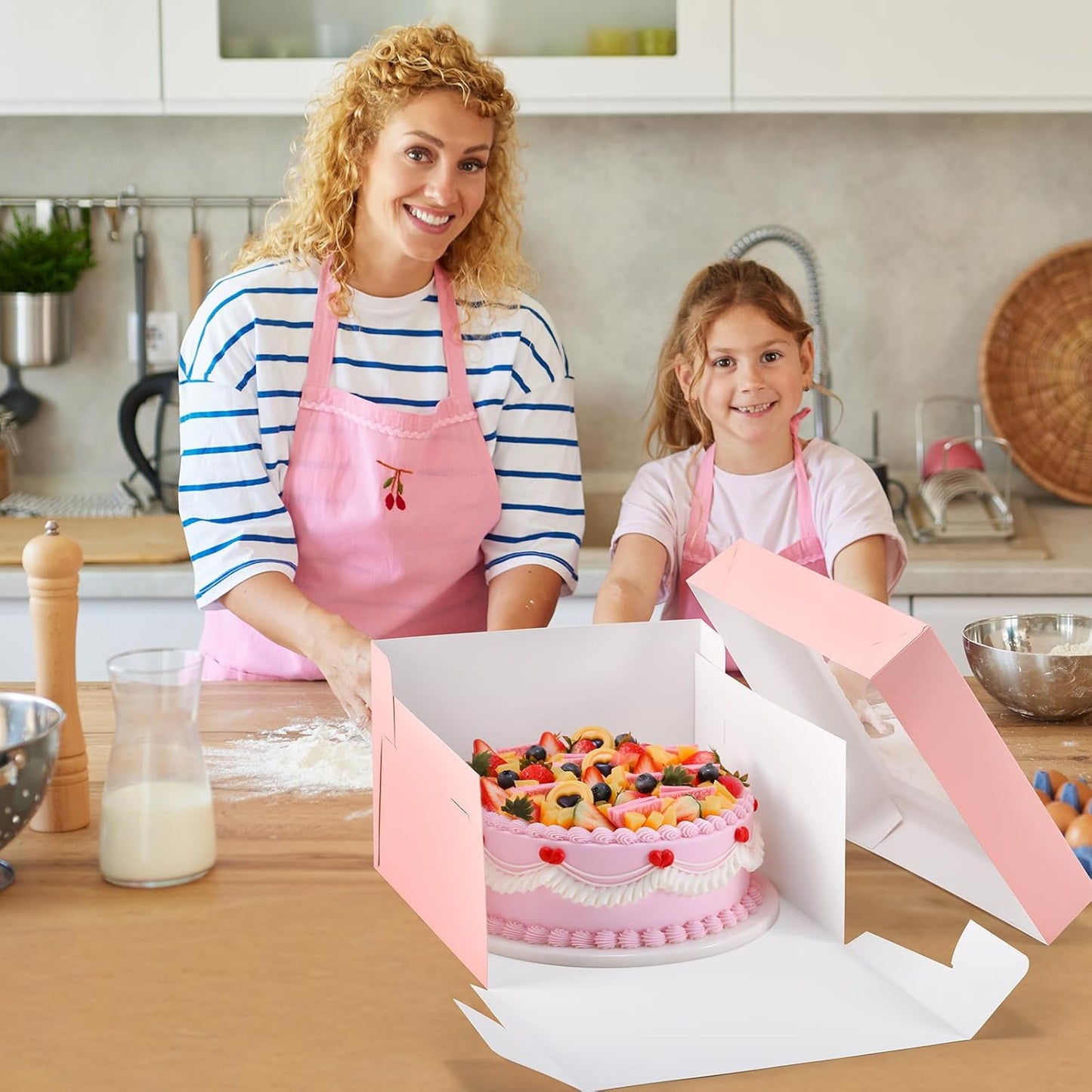 12Pcs Cake Boxes, 12x12x8 Inches Tall Bakery Boxes with Window, Large Pink Disposable Tier Cake Containers for Pastries, Pie, Cookies, Chocolates, Cupcakes, Birthday Party Dessert Boxes