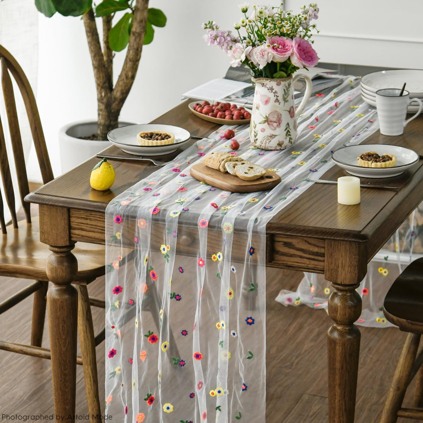 Artoid Mode 3PCS Embroidery Daisy Gauze Table Runner 120 Inch 10FT, Seasonal Sheer Kitchen Dining Holiday Wedding Birthday Table Decor for Home Party