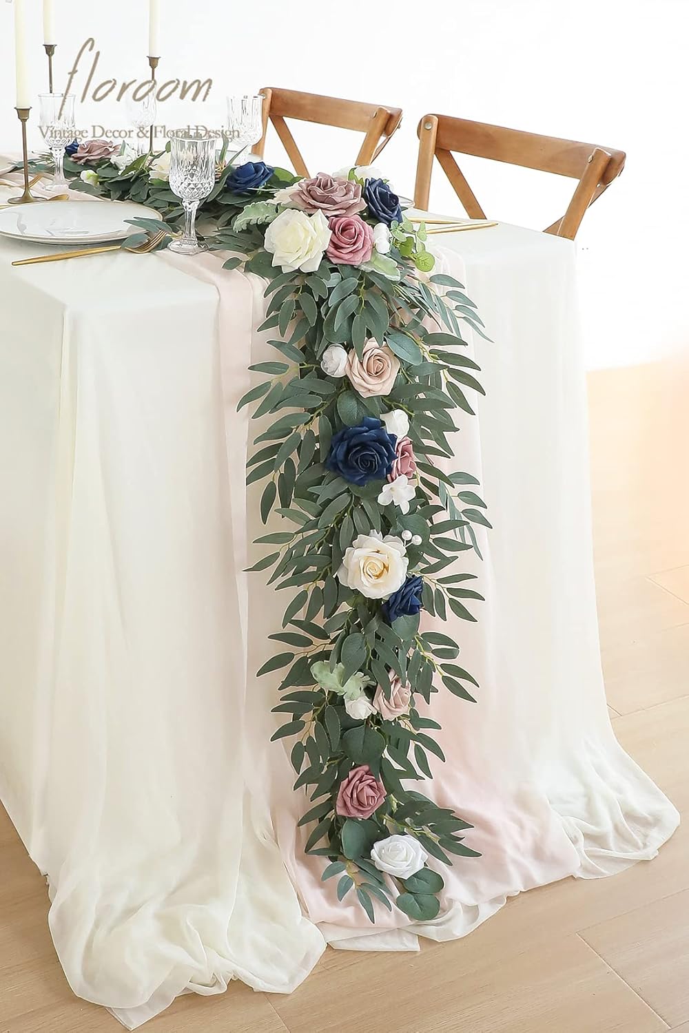 Floroom 6ft Artificial Eucalyptus Garland with Flowers Fake Greenery Faux Floral Vine Garland for Table Decor Wedding Centerpieces Bridal Shower Party Decorations, Dusty Rose & Navy