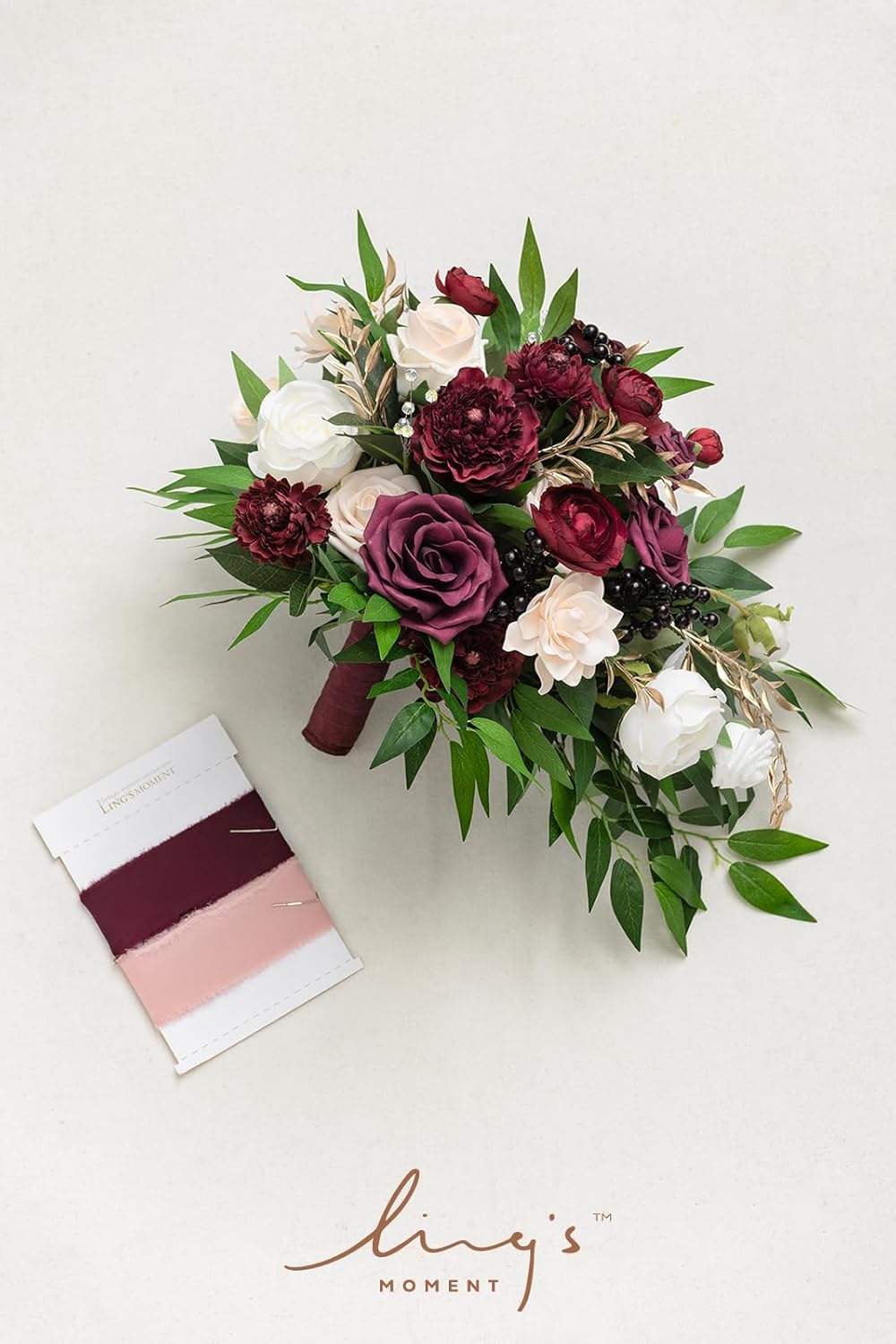 Ling's moment Burgundy Bridal Bouquet Cascading, Marsala Wedding Bouquets for Bride, 13 Inch Bride Bouquets for Wedding Artificial Flowers Bouquets
