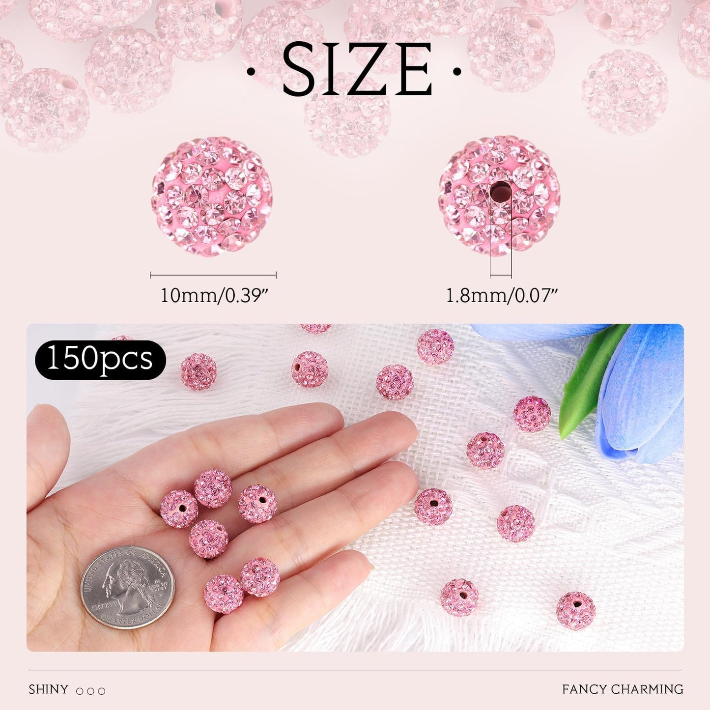 150 pcs 10mm Rhinestone Beads for Jewelry Making, Pink Shiny Round Shamballa Disco Beads Bulk, Sparkle Crystal Clay Christmas for Bracelet Baseball Necklace Earring Crafting and DIY