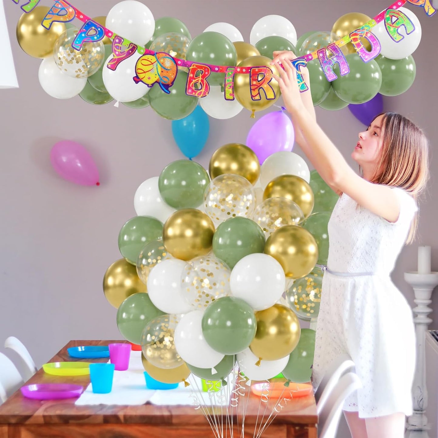 100pcs Sage Green & Gold Balloons Kit - 12 Inch Matte Olive Green, White and Metallic Gold Confetti Balloons for Boho Wedding, Baby Shower, Birthday, Graduation (66ft Ribbons)