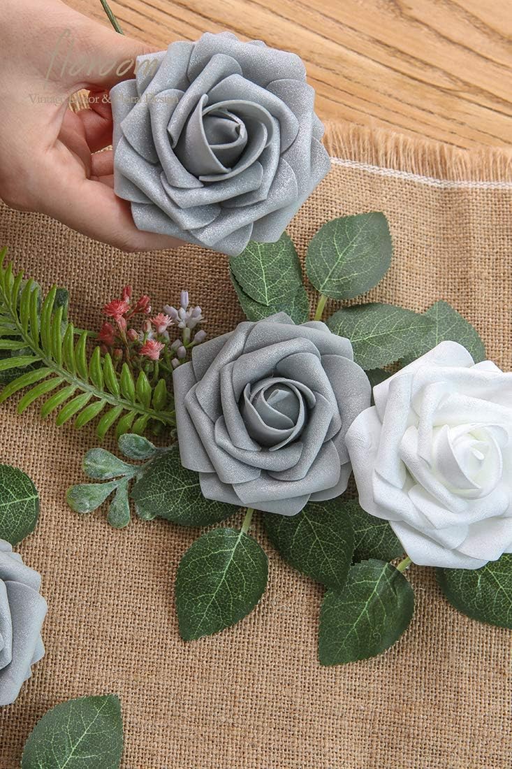 Floroom Artificial Flowers 50pcs Real Looking Shimmer Silver Grey Foam Fake Roses with Stems for DIY Christmas Tree Xmas Wedding Bouquets Party Tables Centerpieces Floral Arrangements Home Decor