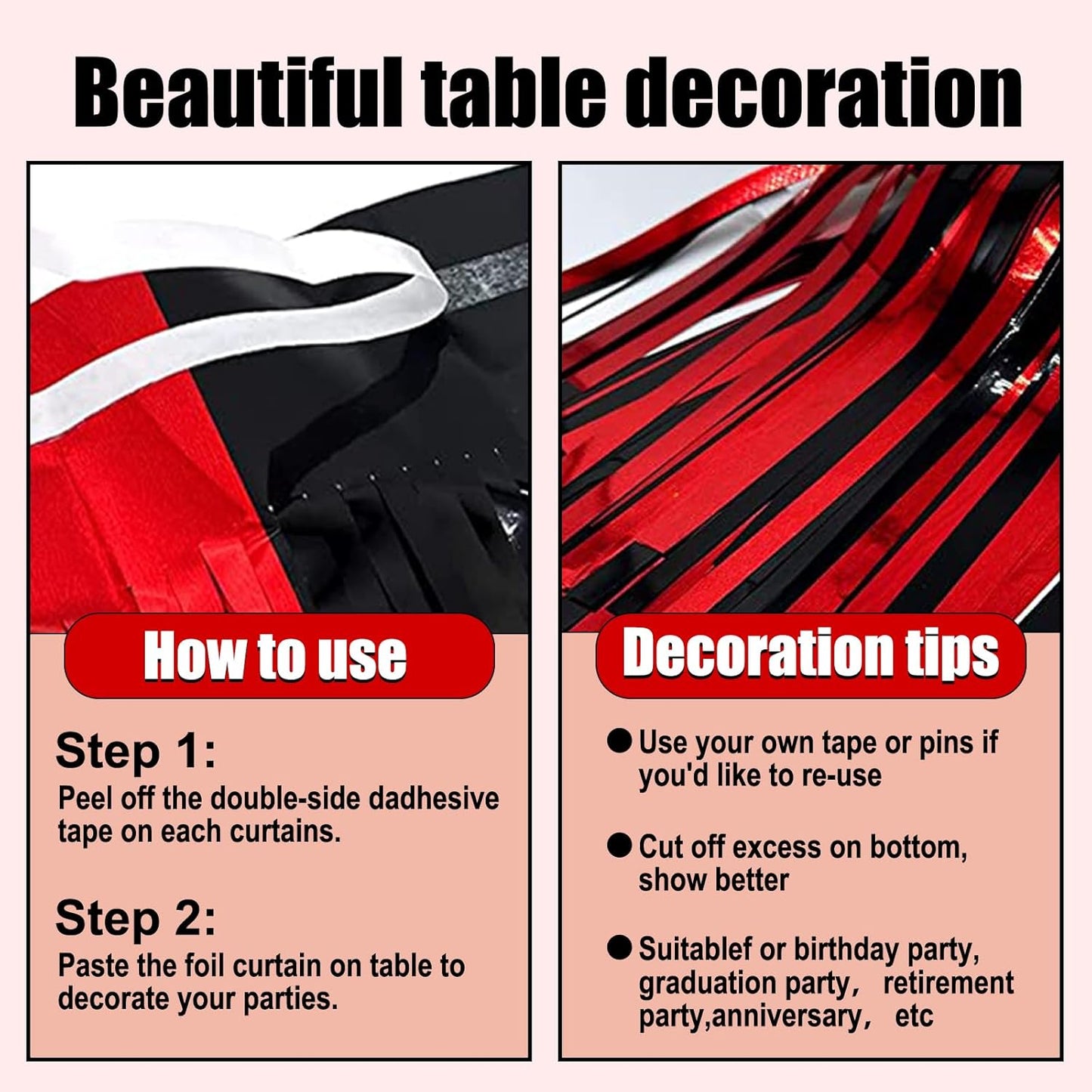 3 Pack 29 x108 Inch Black Red Foil Fringe Table Skirts Metallic Banner for Tinsel Streamer Garland Backdrop for Parade Floats Wedding Thanksgiving Birthday Christmas New Year Party Decoration