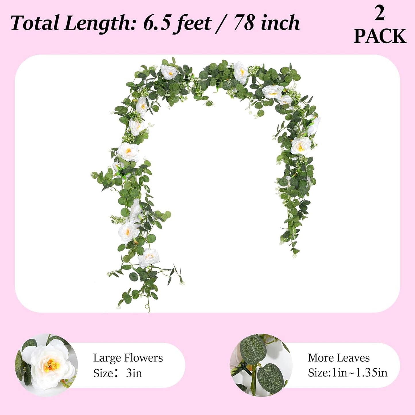 2 Pcs Total13Ft Eucalyptus Flower Garland with Fake Rose Flower, Artificial Fake Flowers Greenery Garland Floral Vines for Decoration Party Wedding Table Indoor Outdoor Backdrop Wall Decor(White)