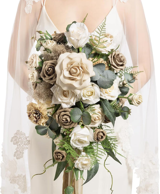 Ling's moment Intimate Brown Bridal Bouquet Cascading, Beige Wedding Bouquets for Bride, 13 Inch Bride Bouquets for Wedding Artificial Flowers Bouquets