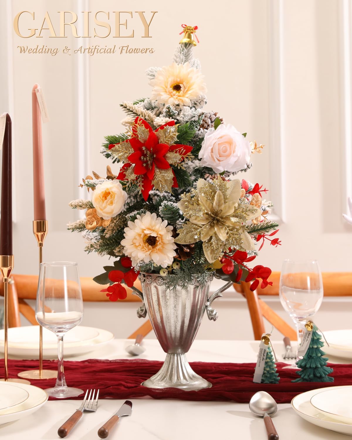 Christmas Artificial Flowers Poinsettia Flower Mix Silk Flowers Fake Roses with Stems for DIY Table Centerpieces Christmas Tree Xmas Wreath Holiday Home Party Decor